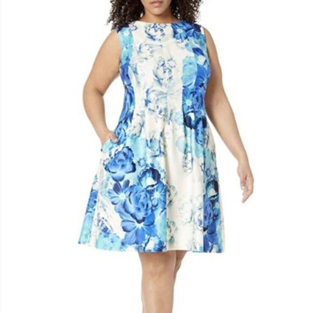 NEW Eliza J blue cream floral scuba pleated dress with side pockets, 18W
